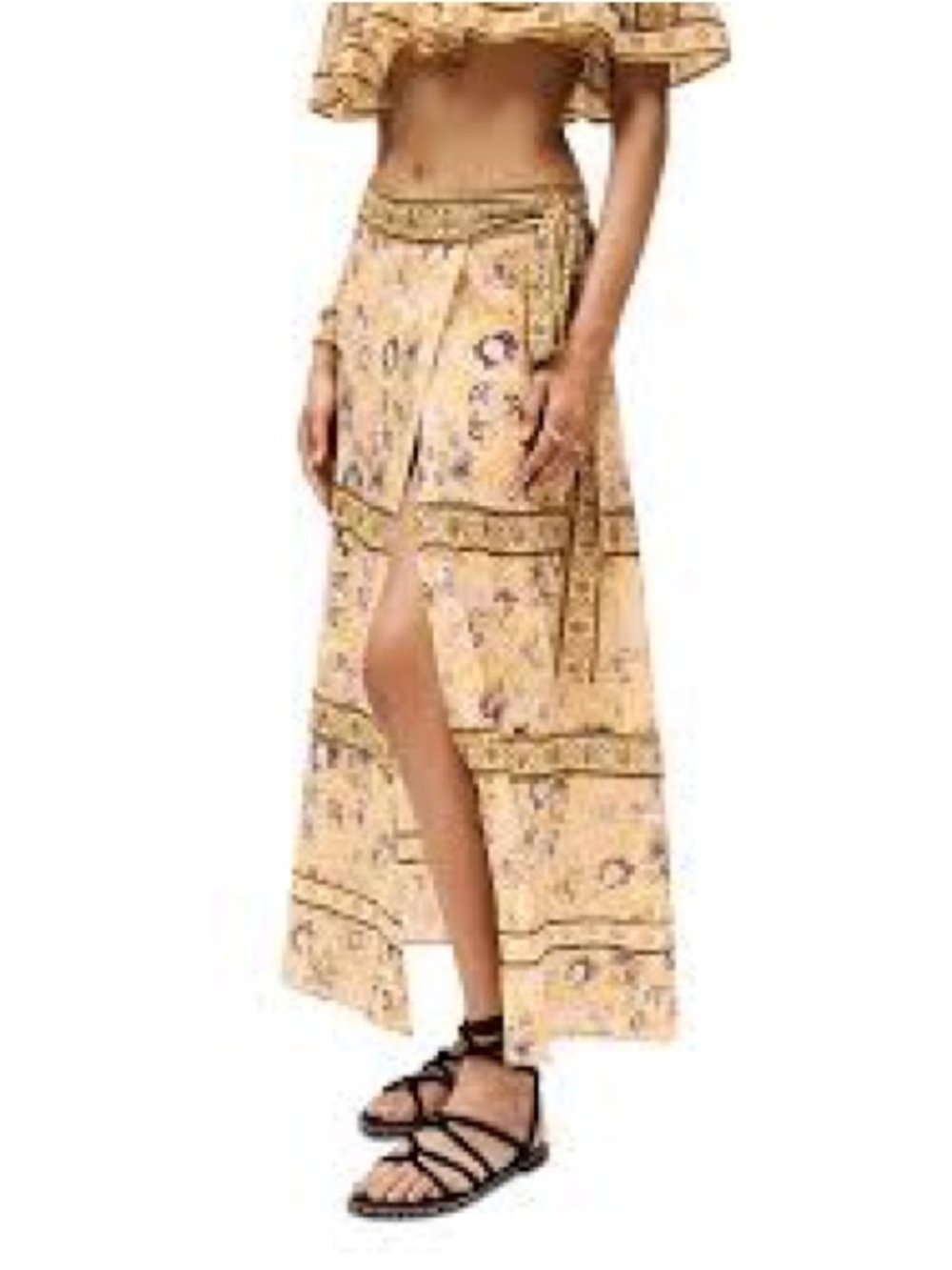 ba&sh Pale Yellow Floral Maxi Skirt with Front Slit